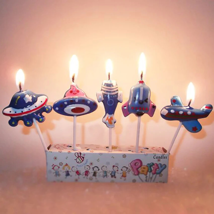 5PCS/Set Airplane Candle Cartoon Aircraft Spacecraft Rocket Birthday Cake Candles Set Cupcake Decorative Candle for Kids Party