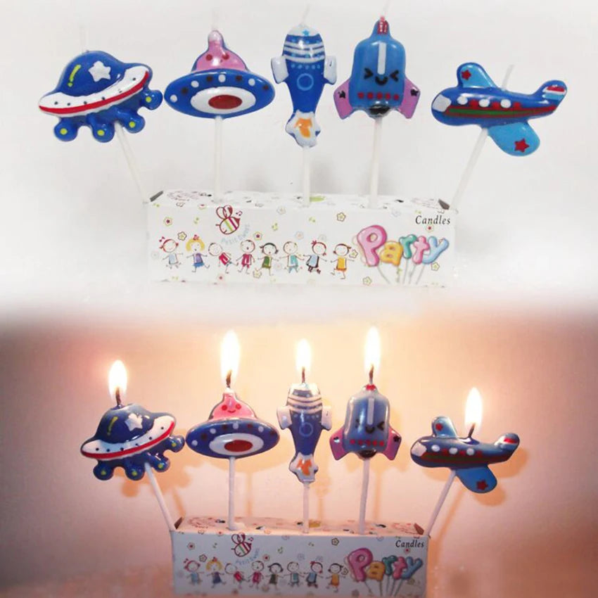 5PCS/Set Airplane Candle Cartoon Aircraft Spacecraft Rocket Birthday Cake Candles Set Cupcake Decorative Candle for Kids Party