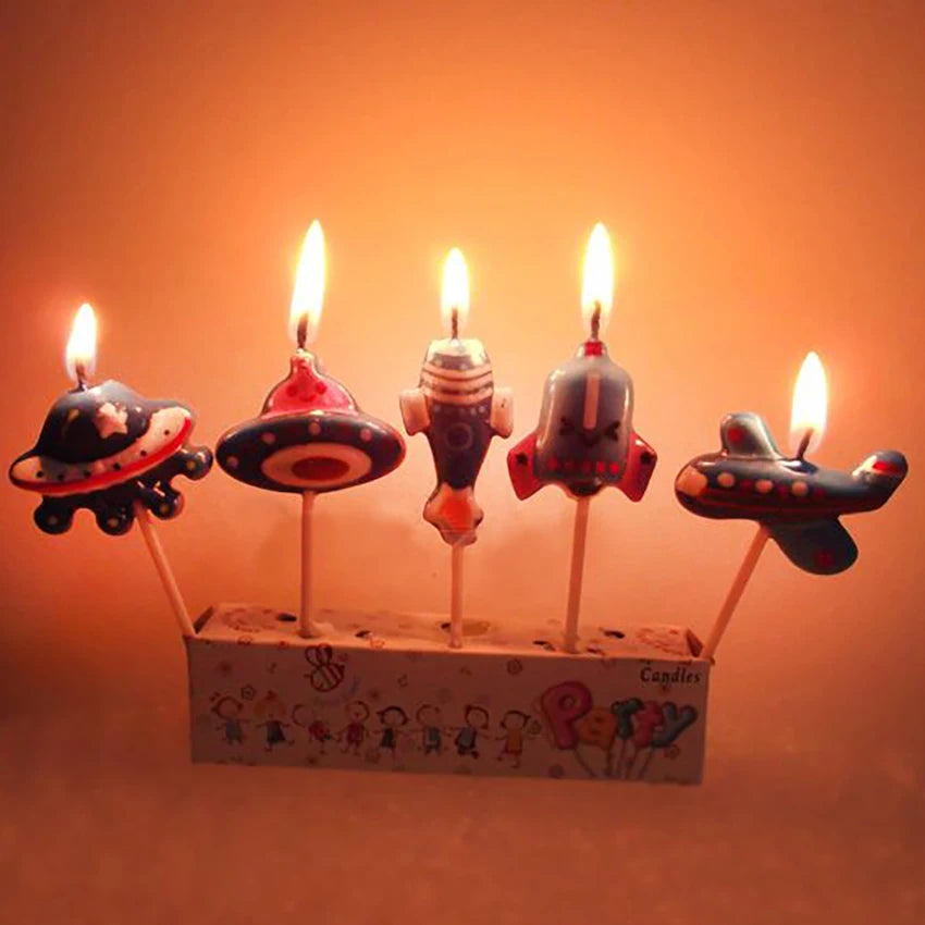 5PCS/Set Airplane Candle Cartoon Aircraft Spacecraft Rocket Birthday Cake Candles Set Cupcake Decorative Candle for Kids Party