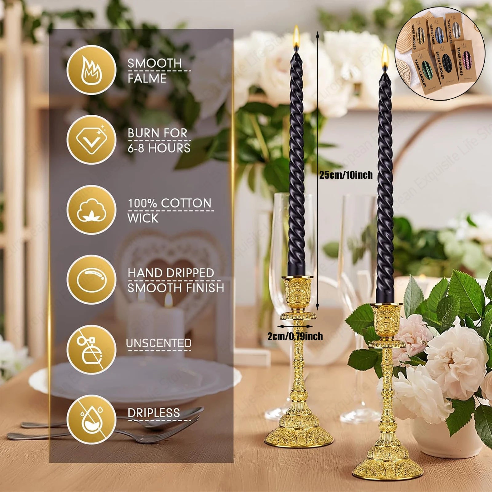 Metallic Taper Candles - Dripless - Unscented