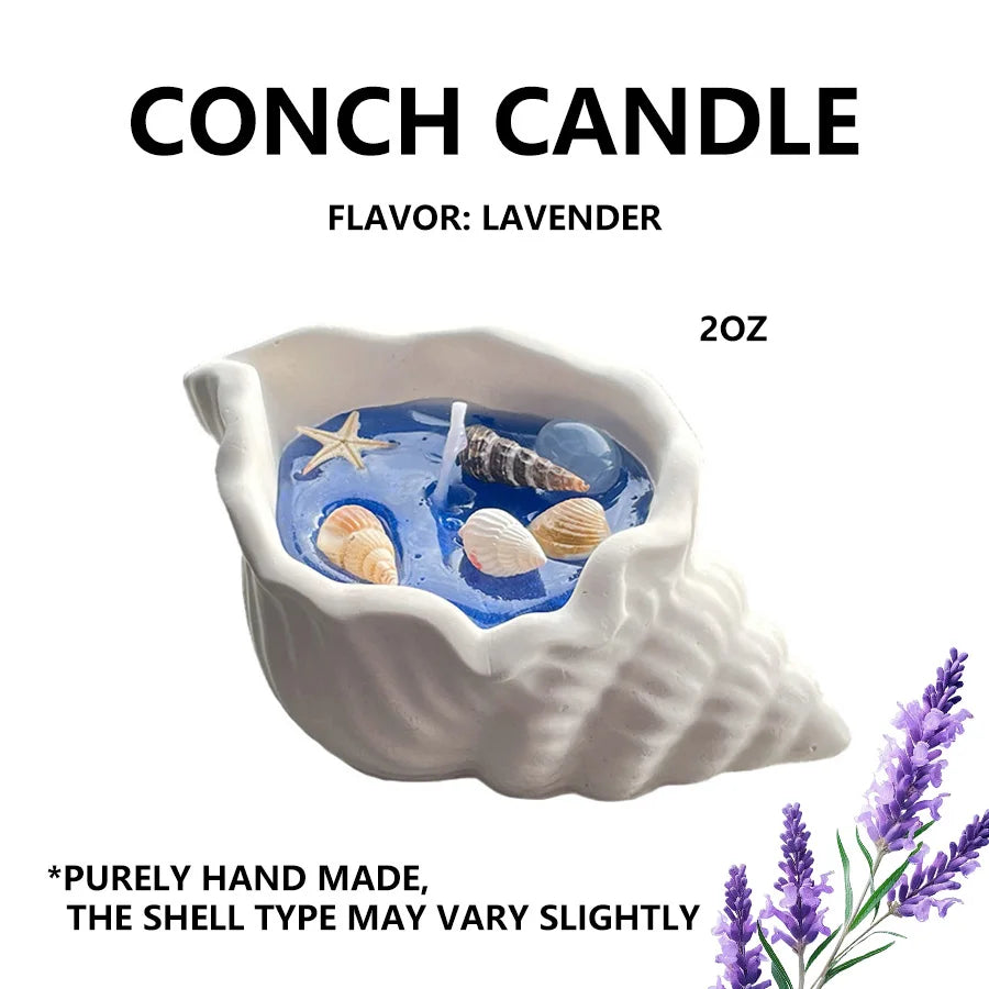 Ocean-Inspired Conch Candle with Plaster Container flavor lavender– Handcrafted Shell & Starfish Shapes with Sea-Embellishments