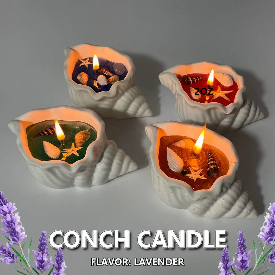 Ocean-Inspired Conch Candle with Plaster Container flavor lavender– Handcrafted Shell & Starfish Shapes with Sea-Embellishments