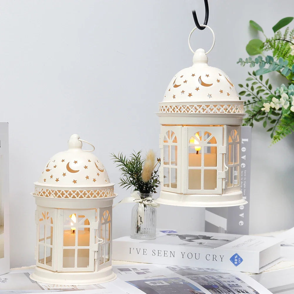 2Pcs Vintage Candle Holder Lanterns White Black Lantern Metal Hanging Candleholder for Indoor Outdoor Weddings Home Decor