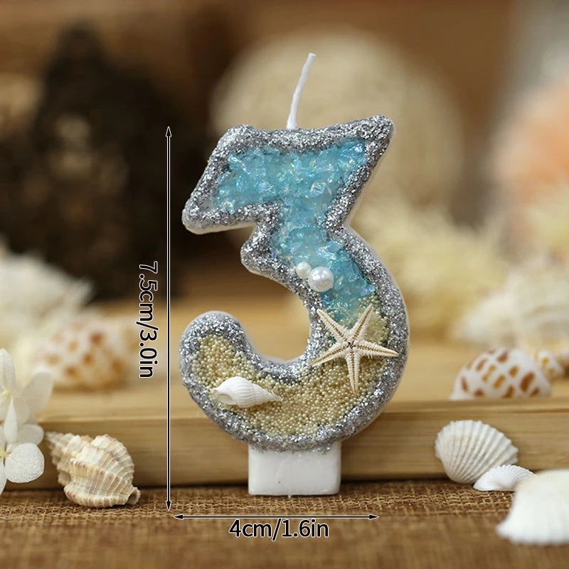 Ocean Theme Birthday Candle 0-9 Number Digtal Candles Gradient Blue Starfish Candle Cake Topper Mermaid Birthday Party Supplies