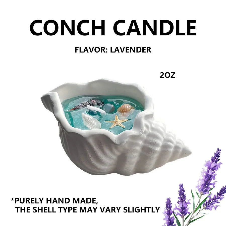 Ocean-Inspired Conch Candle with Plaster Container flavor lavender– Handcrafted Shell & Starfish Shapes with Sea-Embellishments