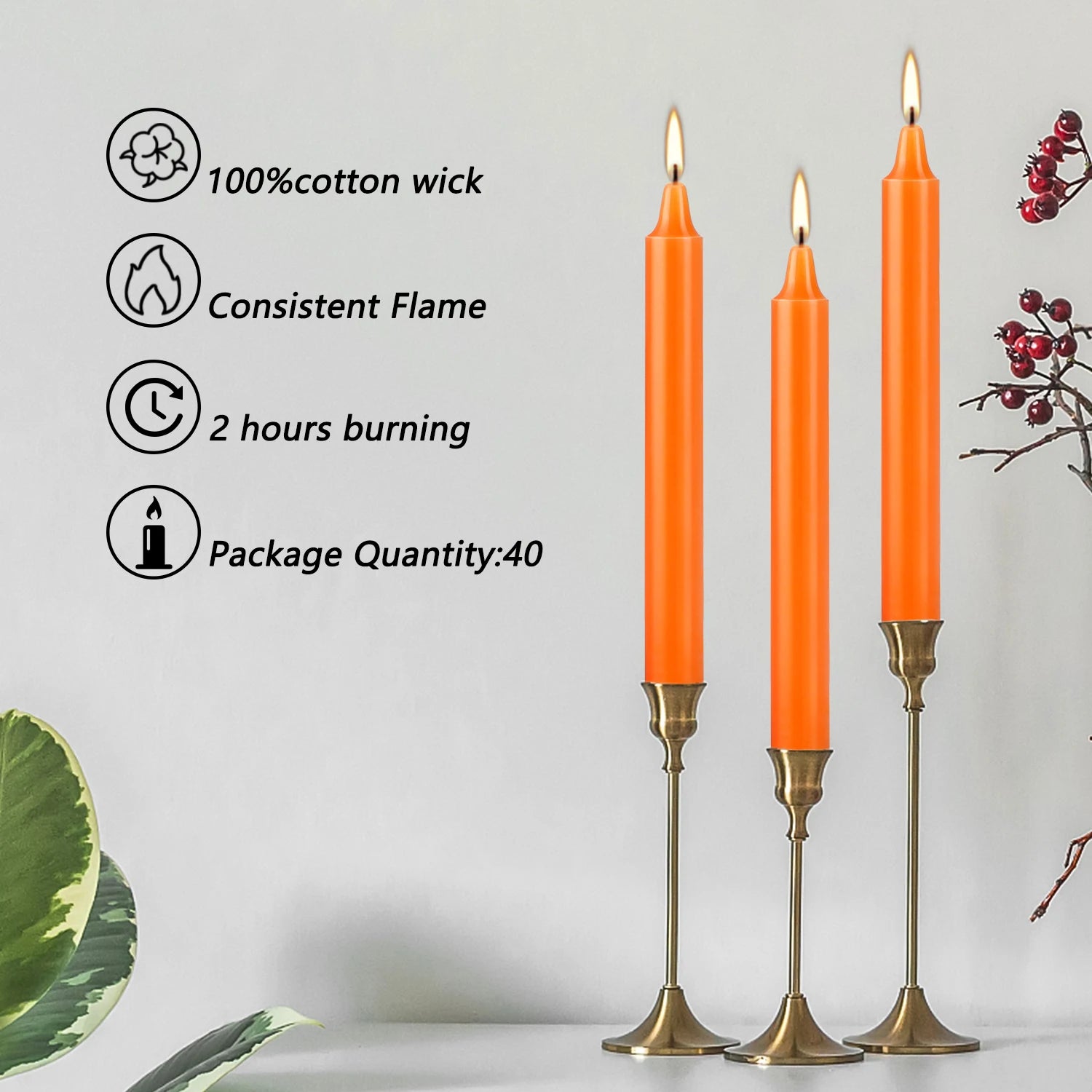 Orange 40pcs 4inch pole wax, no drip, no smoke, no fragrance, home dinner candle, hand-pickled, high quality, suitable for church, home, wedding, party, seasonal celebration, emergency and home decoration, ideal for Valentine