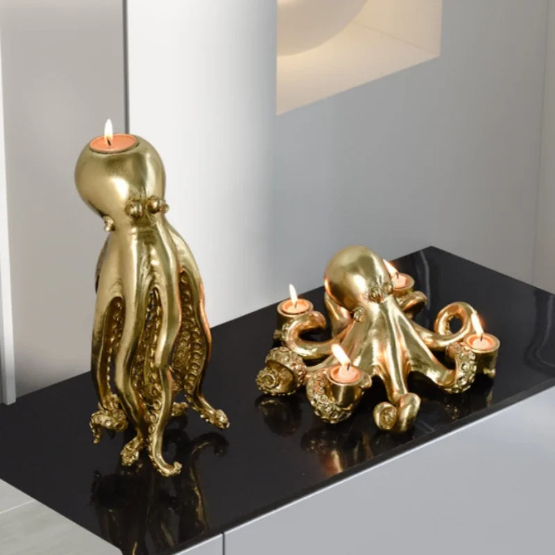 NORTHEUINS Resin Golden Octopus Candlestick Ornaments Europe Animal Candle Holder Figurines Home Living Room Desktop Decorations