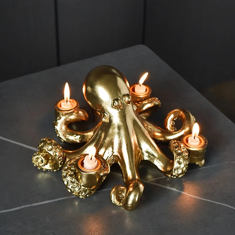 NORTHEUINS Resin Golden Octopus Candlestick Ornaments Europe Animal Candle Holder Figurines Home Living Room Desktop Decorations