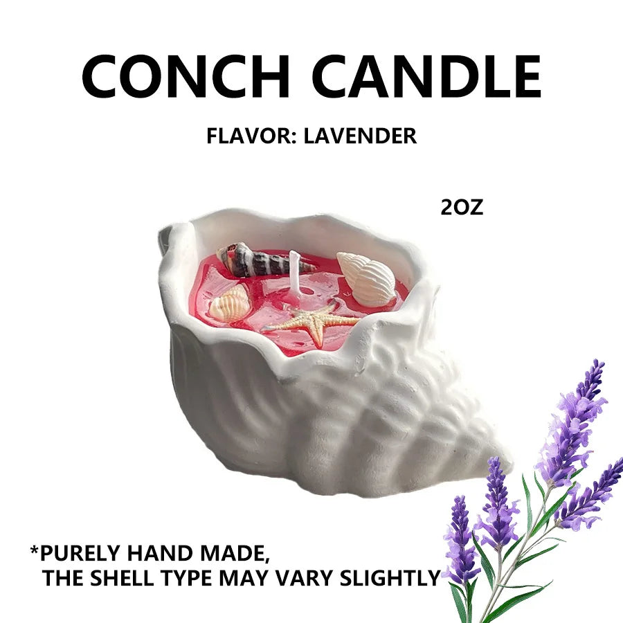 Ocean-Inspired Conch Candle with Plaster Container flavor lavender– Handcrafted Shell & Starfish Shapes with Sea-Embellishments