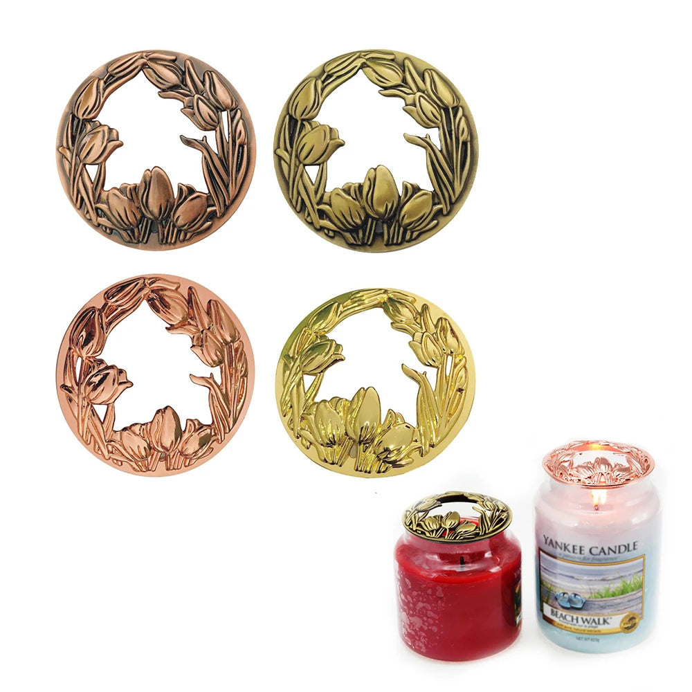 1pc Alloy Candle Topper Flower Jar Lid Cover Carving Tulip Pinecone Branch Pattern Hollow Candles Shade Sleeves Vintage Decor