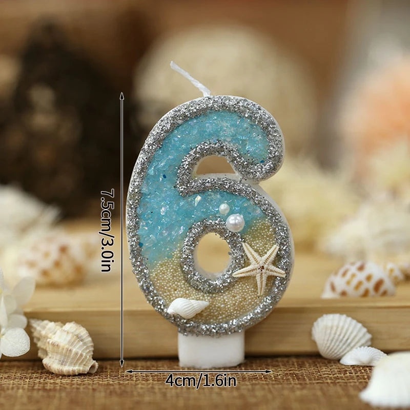 Ocean Theme Birthday Candle 0-9 Number Digtal Candles Gradient Blue Starfish Candle Cake Topper Mermaid Birthday Party Supplies