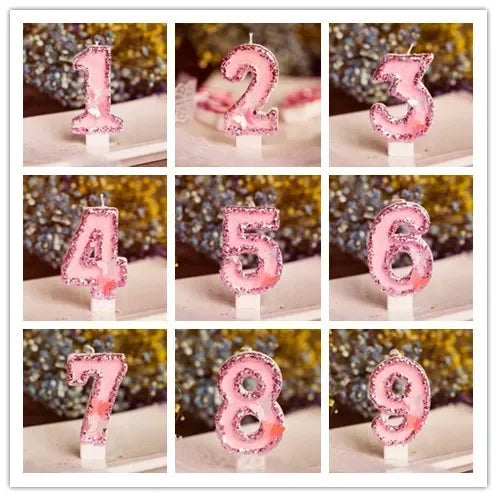 Children's Birthday Candles 0-9 Number Pink Candle Butterfly Glitter Beeswax Candles for Cake Decoration Party Supplies