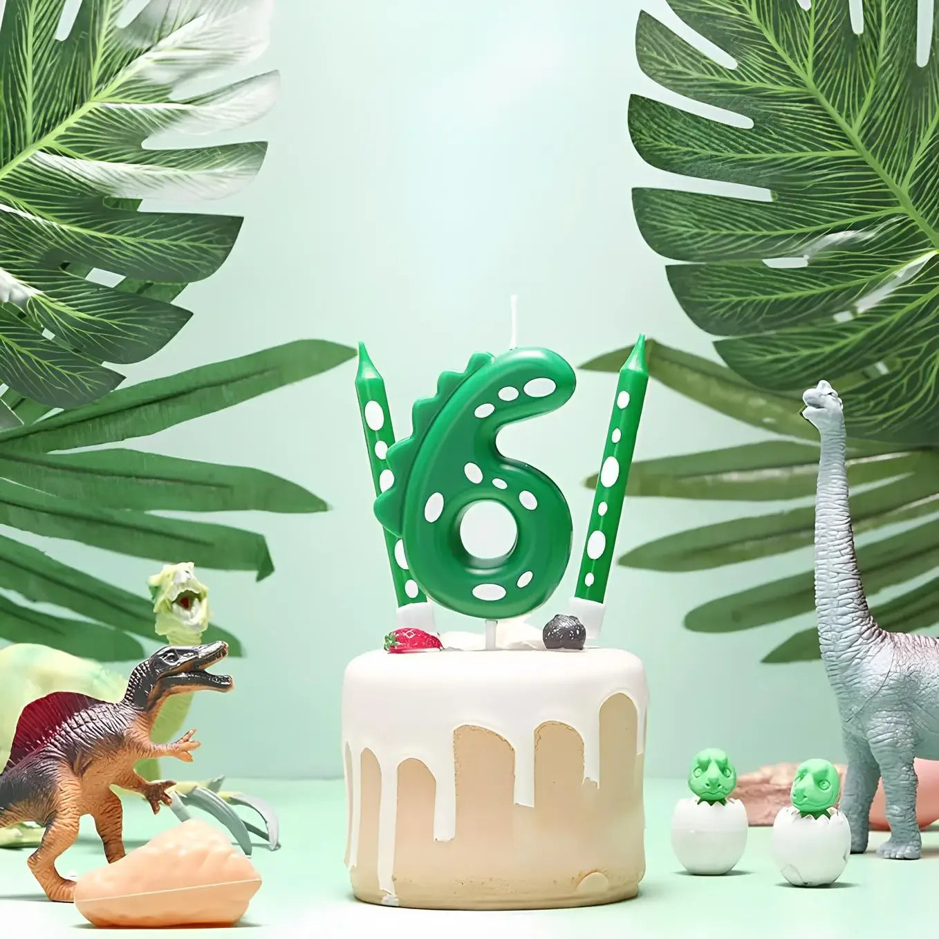 （6+1）Dinosaur Birthday Candle,0-9 Green Number Candle for Dinosaur Theme Party Decoration, Number Candle for Cake Top