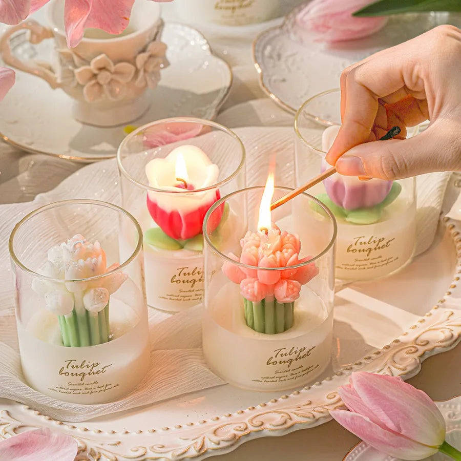 1pc Valentine's Tulip Scented Candle ins Ambient Sense of Scent Gift Box Tulip Hand Cupped Flower Shape Scented Candle Cups