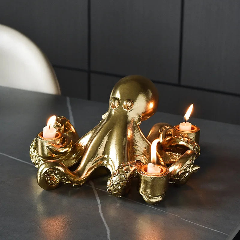 NORTHEUINS Resin Golden Octopus Candlestick Ornaments Europe Animal Candle Holder Figurines Home Living Room Desktop Decorations