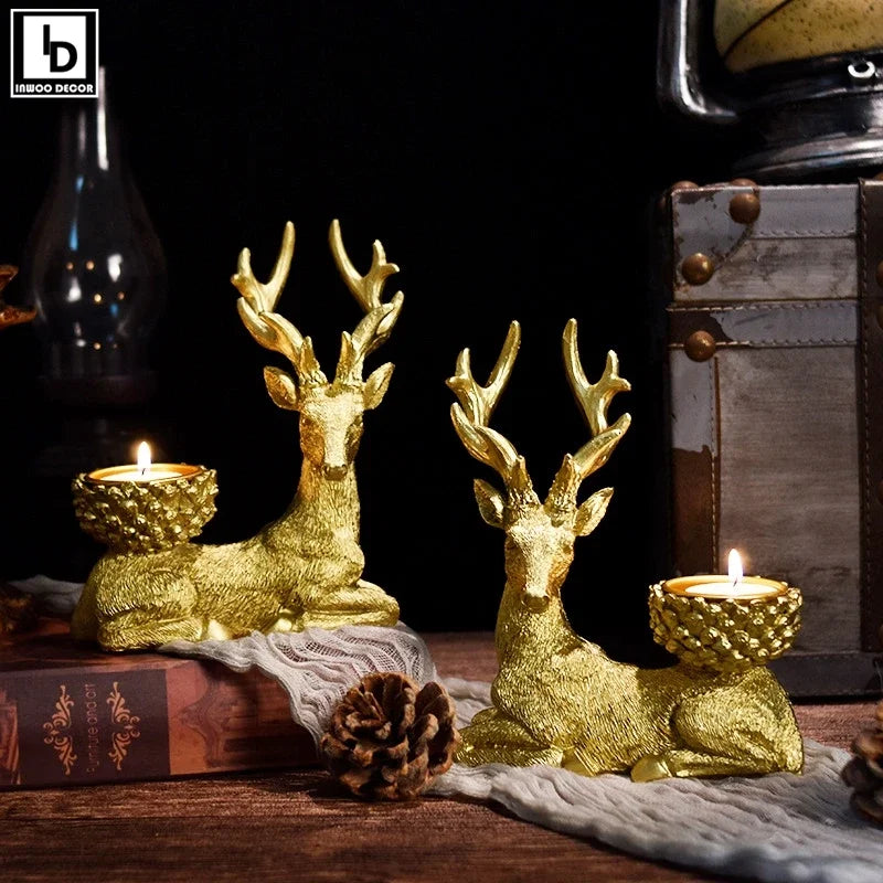 Nordic Deer Golden Candle Holder A Pair Elk Candlestick Animals Ornaments Stag Home Decoration Meditation Living Room Decor Gift