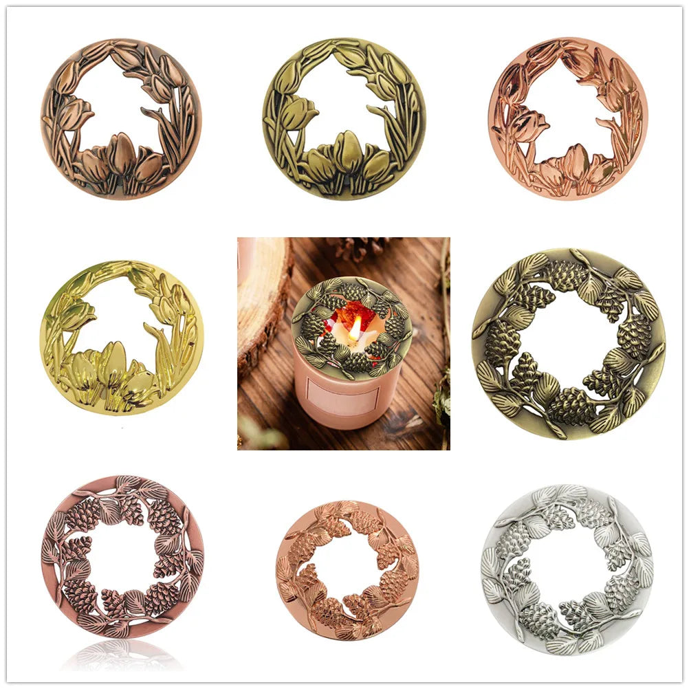 1pc Alloy Candle Topper Flower Jar Lid Cover Carving Tulip Pinecone Branch Pattern Hollow Candles Shade Sleeves Vintage Decor