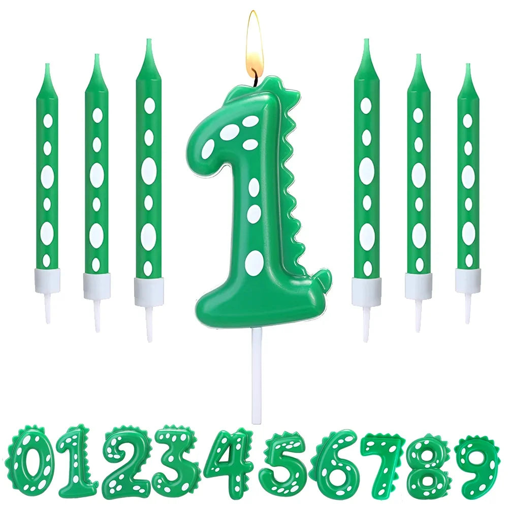 （6+1）Dinosaur Birthday Candle,0-9 Green Number Candle for Dinosaur Theme Party Decoration, Number Candle for Cake Top