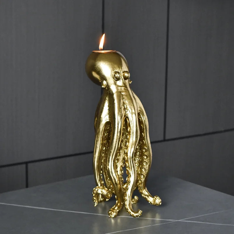 NORTHEUINS Resin Golden Octopus Candlestick Ornaments Europe Animal Candle Holder Figurines Home Living Room Desktop Decorations