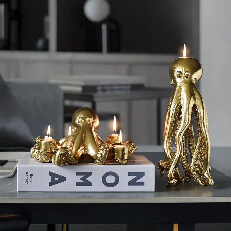 NORTHEUINS Resin Golden Octopus Candlestick Ornaments Europe Animal Candle Holder Figurines Home Living Room Desktop Decorations