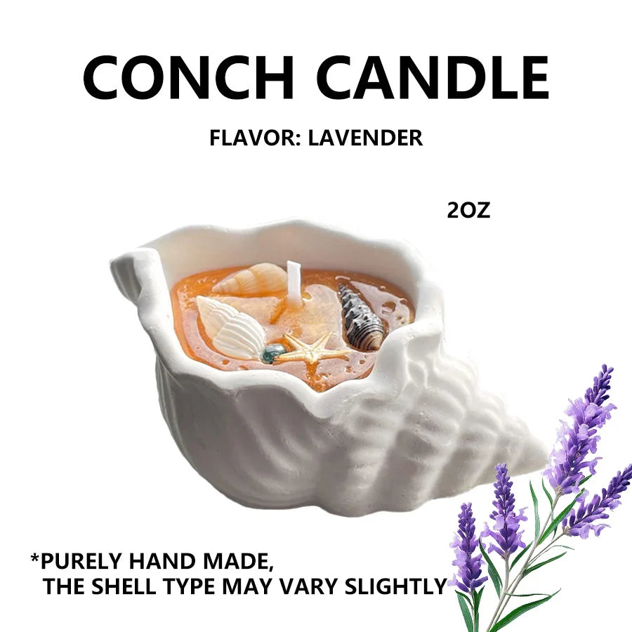 Ocean-Inspired Conch Candle with Plaster Container flavor lavender– Handcrafted Shell & Starfish Shapes with Sea-Embellishments